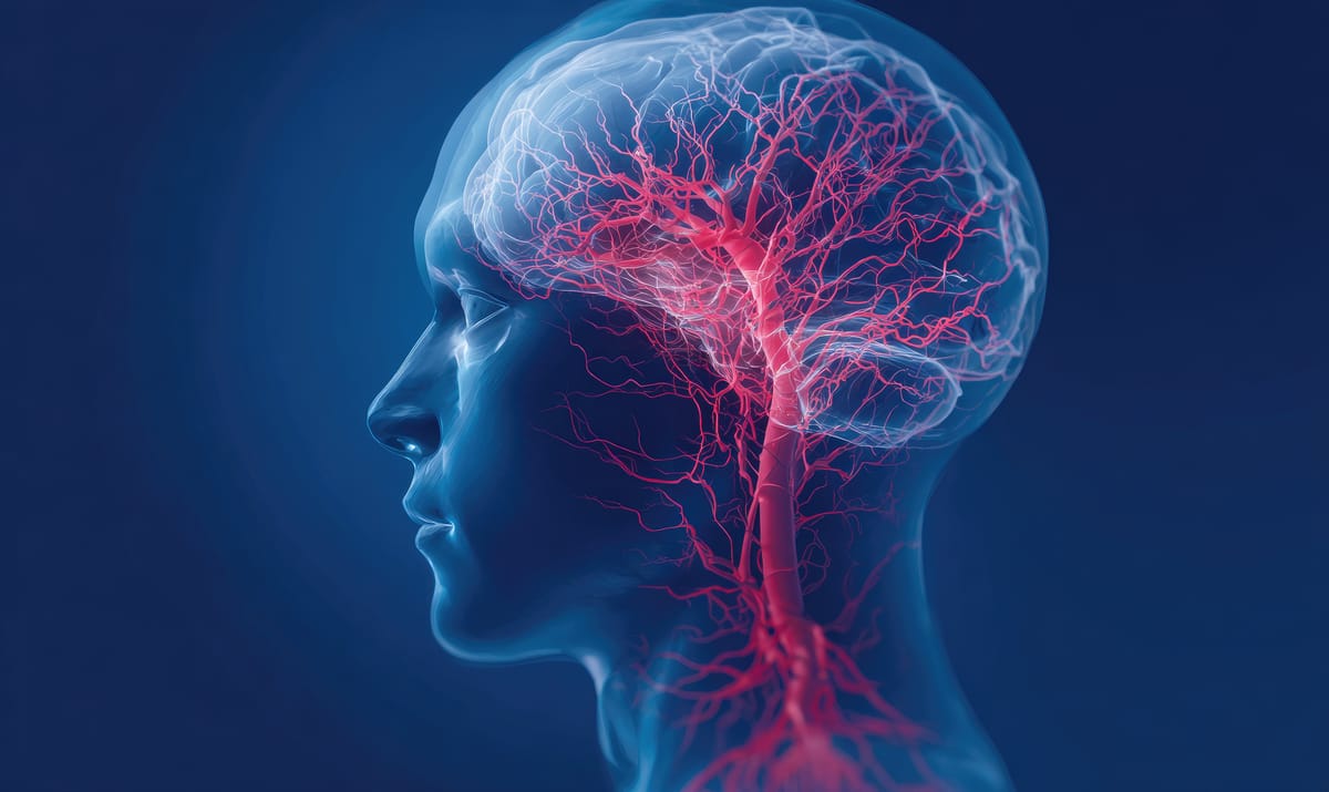 Illustration of human head and neck with arteries and capillaries