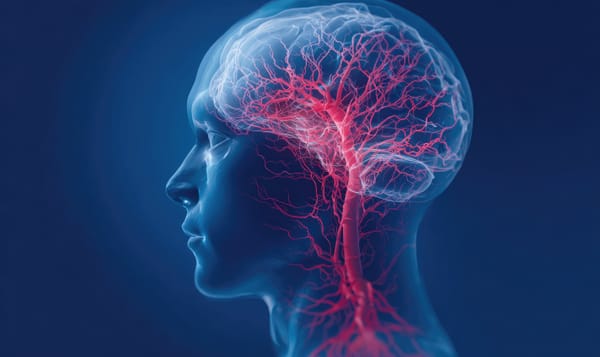 Illustration of human head and neck with arteries and capillaries